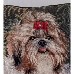 12" Shih Tzu Wool Needlepoint Throw Pillow Green Velvet Completed Embroidered